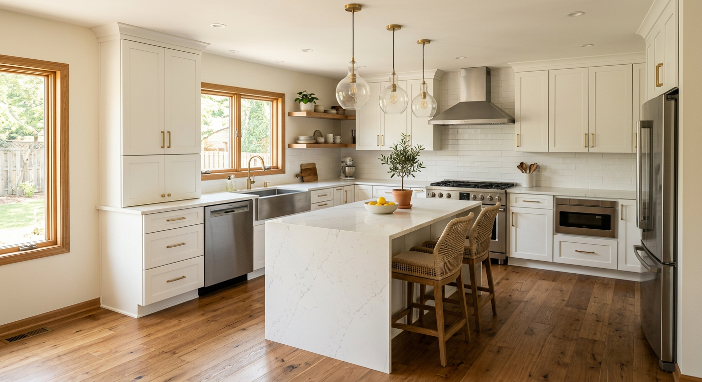 A bright remodeled kitchen with white cabinets and a quartz island